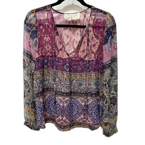 Rory Beca Semi sheer Small Lavender Print Blouse Top EUC USA